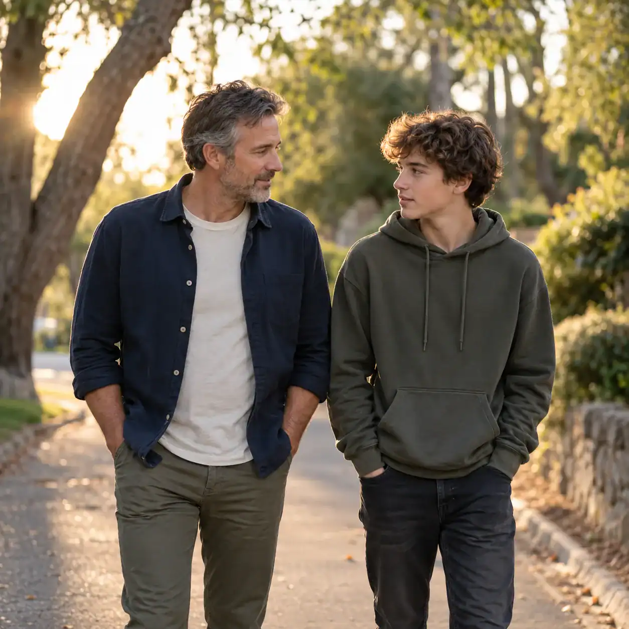 A father and his teenage son walking side by side along a tree-lined path, turning toward each other as they talk